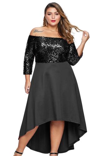 Black Off Shoulder Sequin Bodice Hi-lo Plus Size Dress