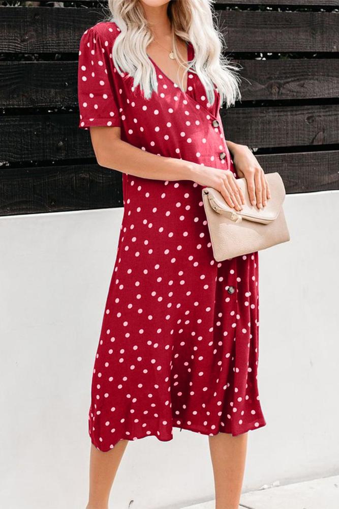 Red Polka Dot Button Down Aside Midi Dress