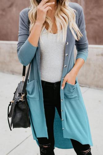 Blue Ombre Button Down Pocketed High Low Cardigan