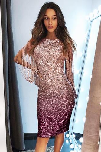 Apricot Ombre Sequin Tassel Sleeve Bodycon Evening Dress