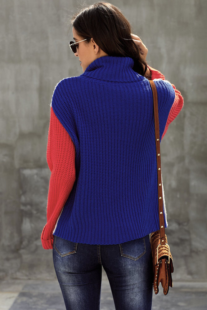 Blue Long Sleeve Turtleneck Color Block Pullover Knit Sweater