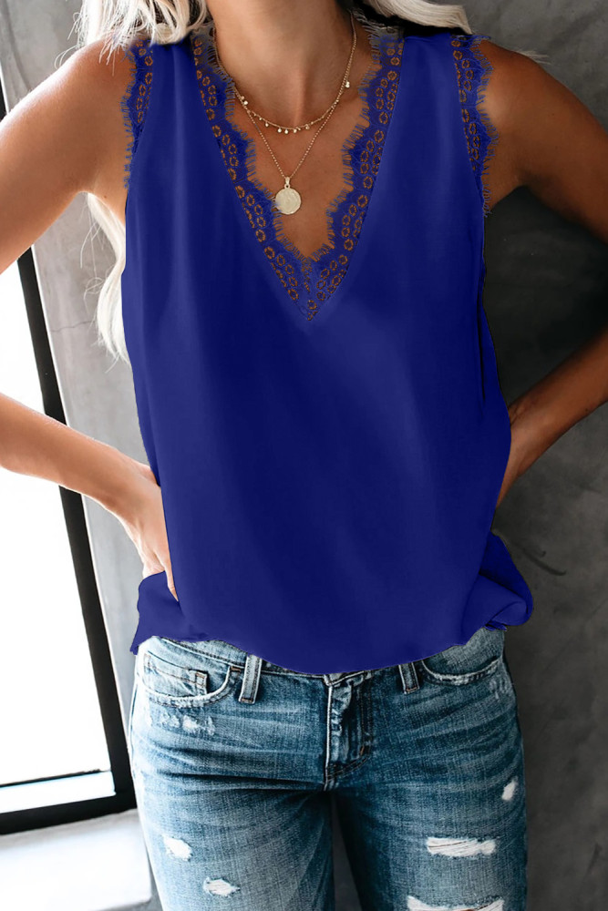 Blue Sleeveless Eyelash Lace V Neck Tank Top
