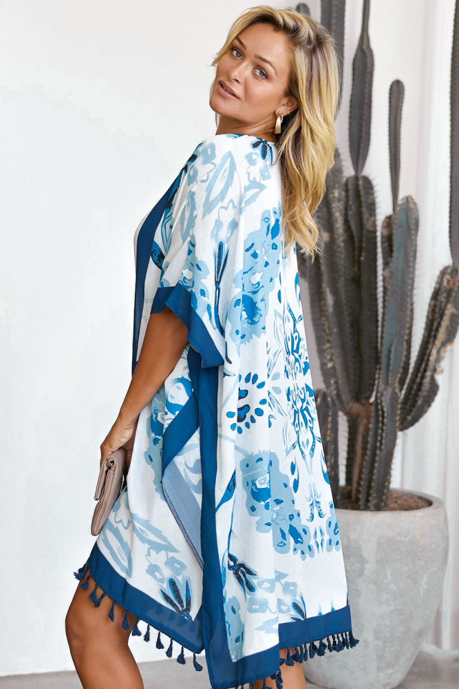 Blue Bohemian Print Open Front Loose Kimono Beach Cover up