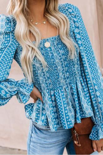 Sky Blue Bohemian Print Shirred Bodice Tunic Top