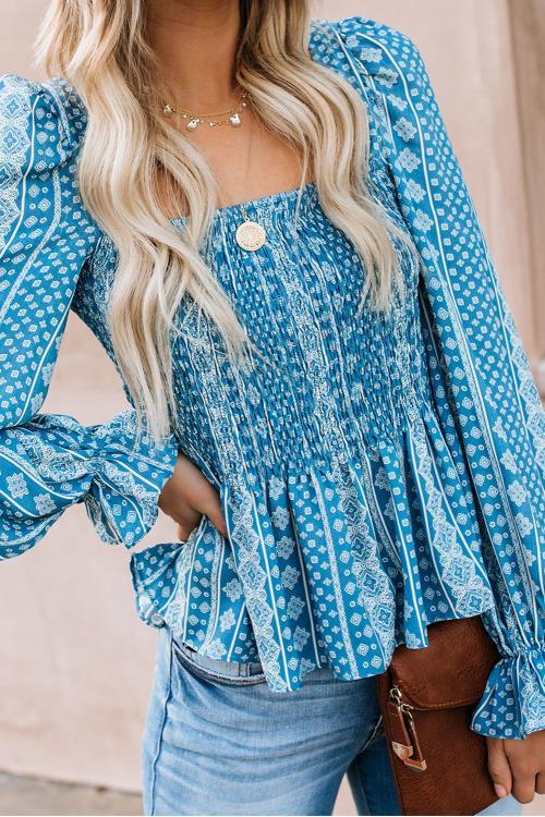 Sky Blue Bohemian Print Shirred Bodice Tunic Top