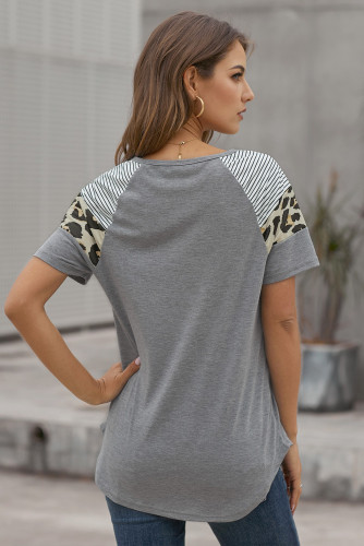 Gray Striped Leopard Print Short Sleeve Women T-shirt