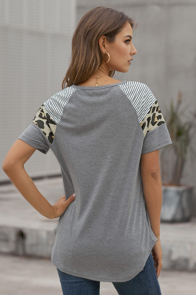 Gray Striped Leopard Print Short Sleeve Women T-shirt