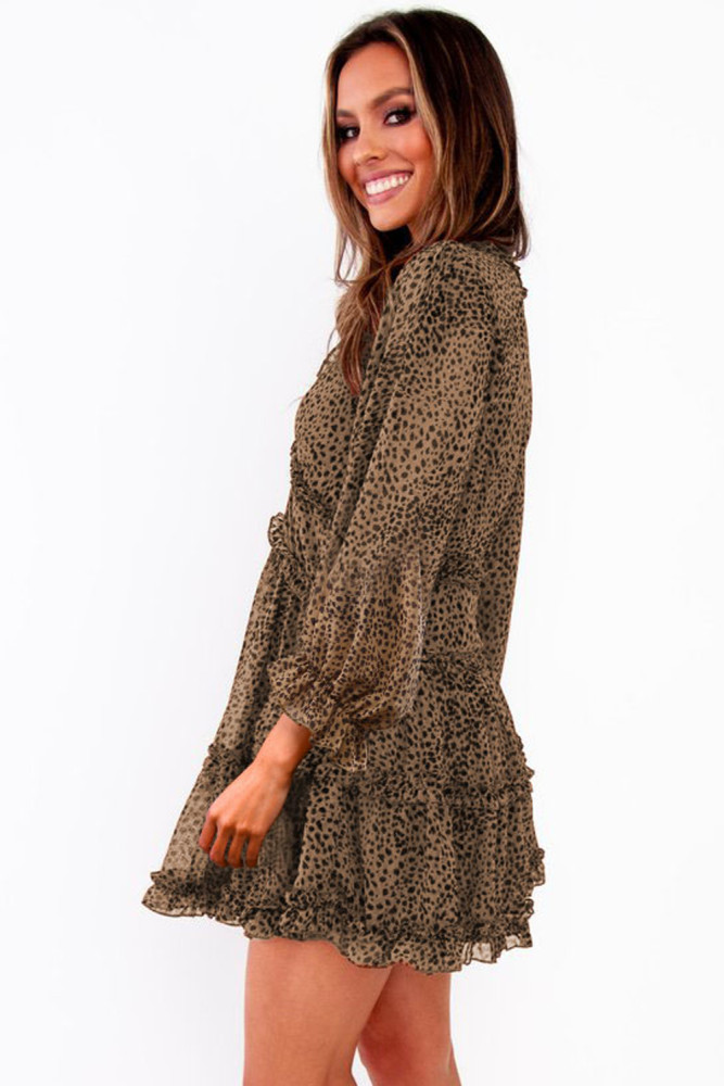 Leopard Ruffle Detailing Open Back Floral Dress