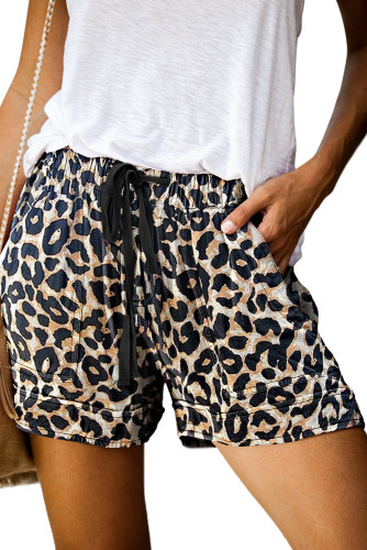 Leopard Print Drawstring Casual Elastic Waist Pocketed Shorts