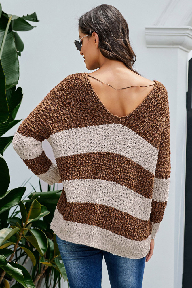 Brown V Neck Loose Color Block Sweater