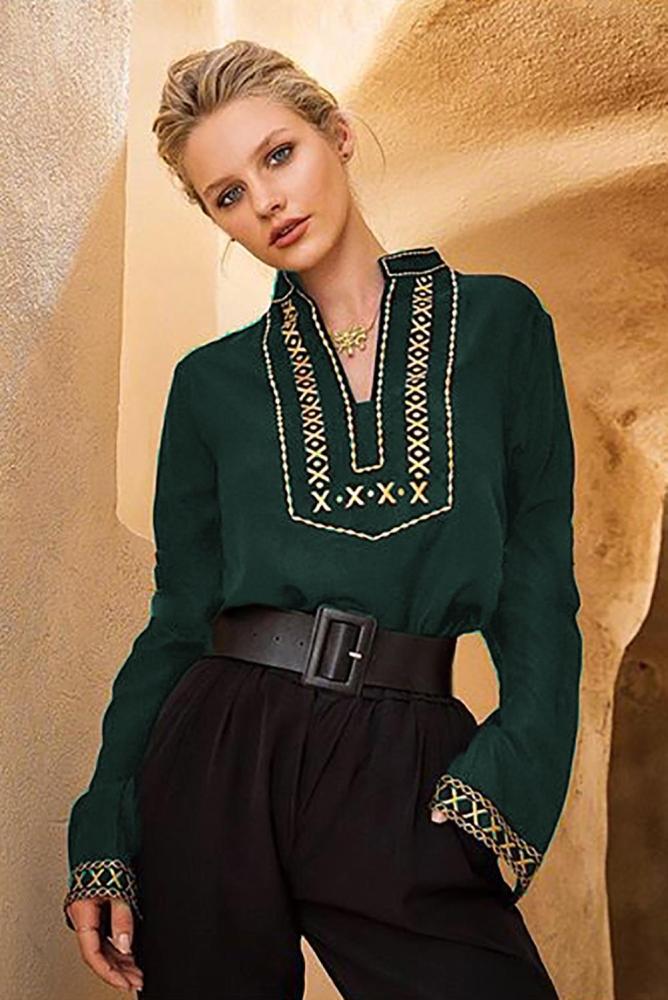 Green Boho Embroidered V Neck long Sleeve Casual Top