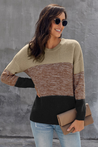 Khaki Color Block Netted Texture Pullover Sweater