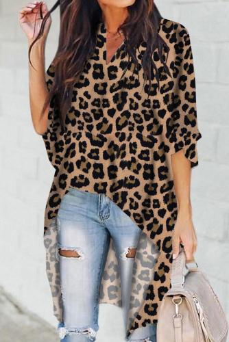 Brown V-Collar Irregular Leopard Print Blouse