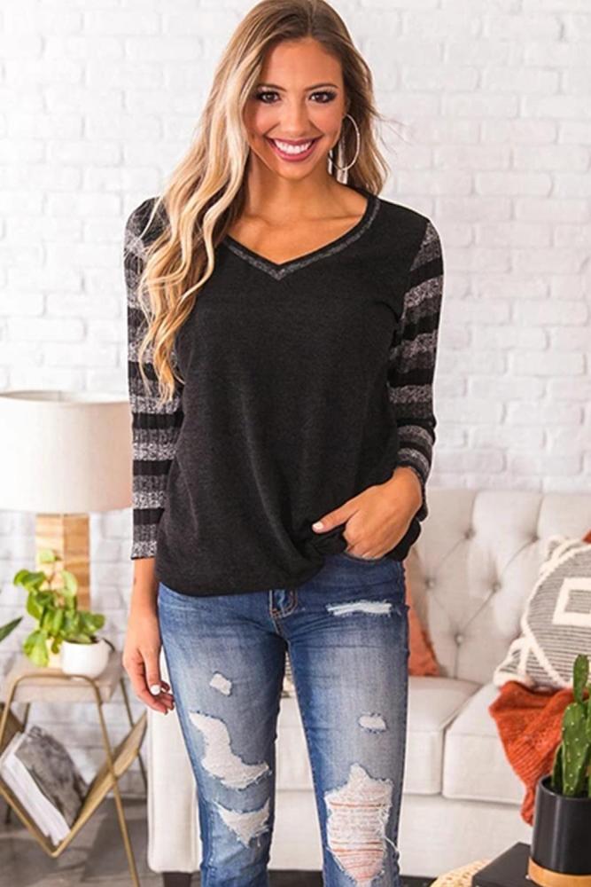 Black Striped Sleeve Twist Detail Top