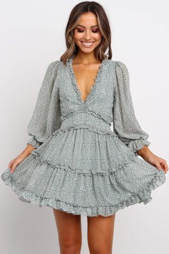 Green Ruffle Detailing Open Back Floral Dress