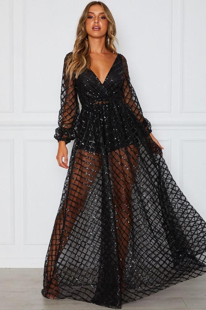 Black Glittering Checked Pattern Sheer Gown