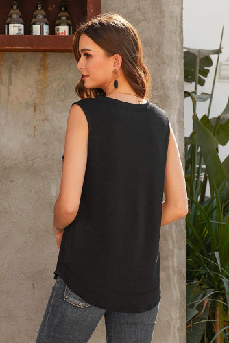 Black Tank Top with Leopard Patch Detail