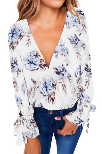 White Floral Print Crisscross Front Flare Sleeve Blouse