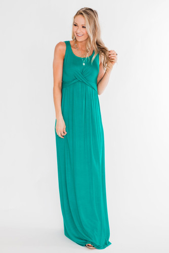 Green Cross Ruched Sleeveless Maxi Dress