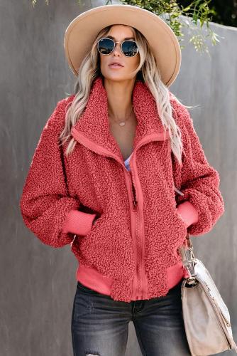 Red Cool For The Winter Pocketed Teddy Jacket