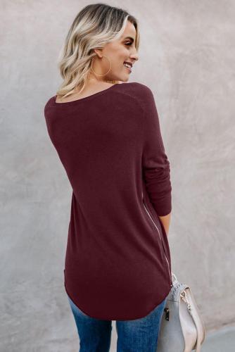 Red Zip Side V Neck Long Sleeve Pullover Top