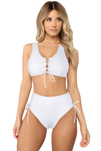 White Lace-up High Waist Bikini