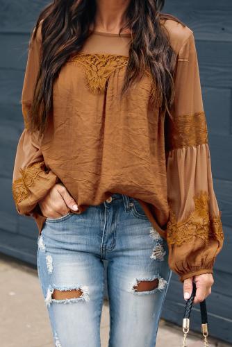 Yellow Fashion Lantern-Sleeve Lace Patchwork Top