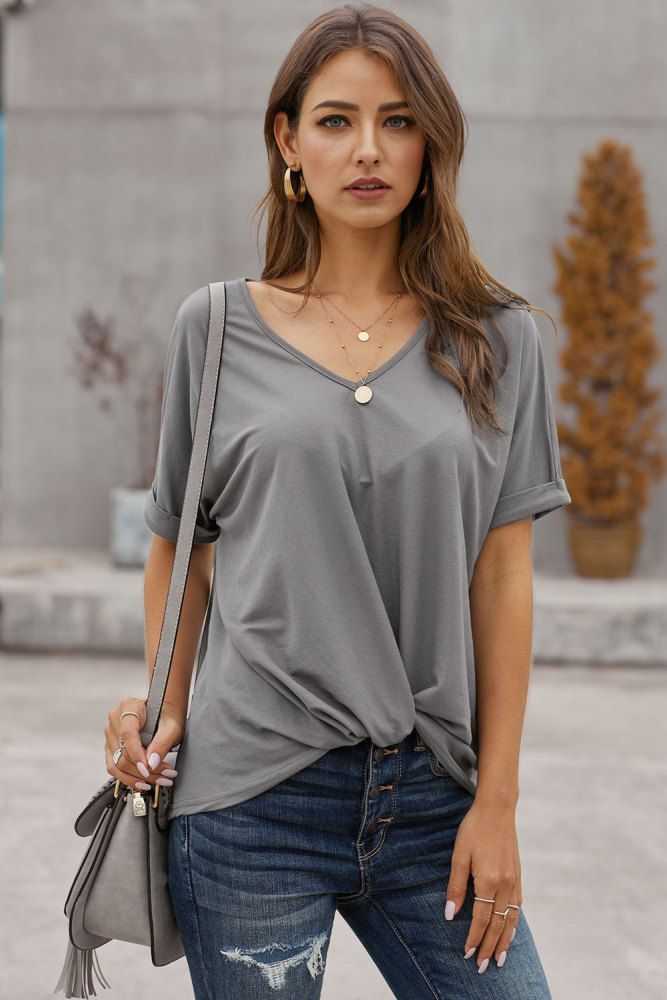 Gray Plain Short Sleeve Twist Tee