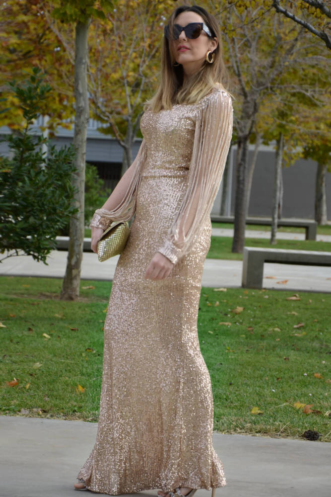 Apricot Off Shoulder Tasseled Sleeve Sequin Party Maxi Dress