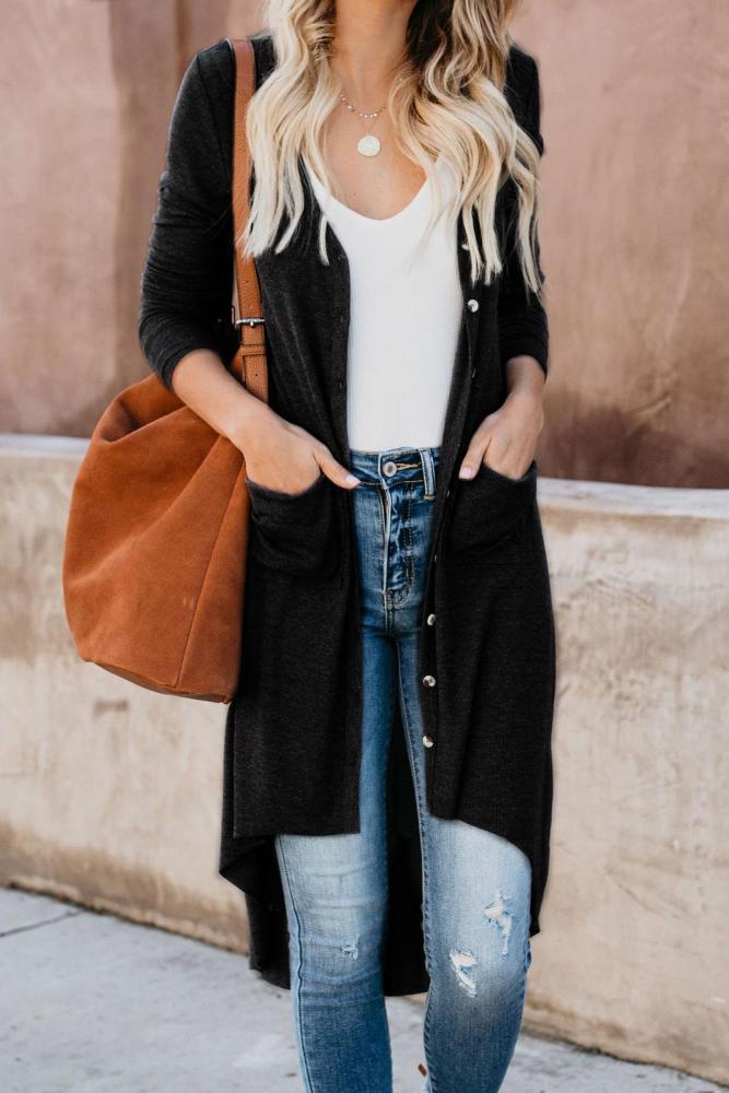 Black Selected Button Down Pocketed High Low Cardigan