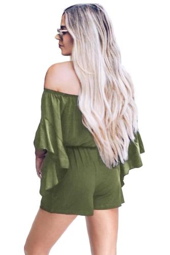 Green Bell Sleeve Off Shoulder Front Tie Knot Romper