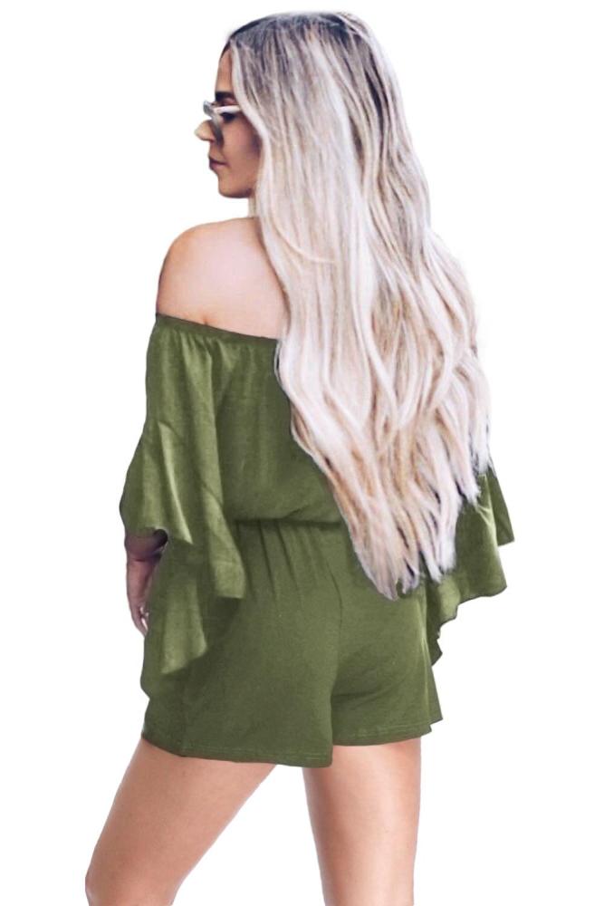 Green Bell Sleeve Off Shoulder Front Tie Knot Romper