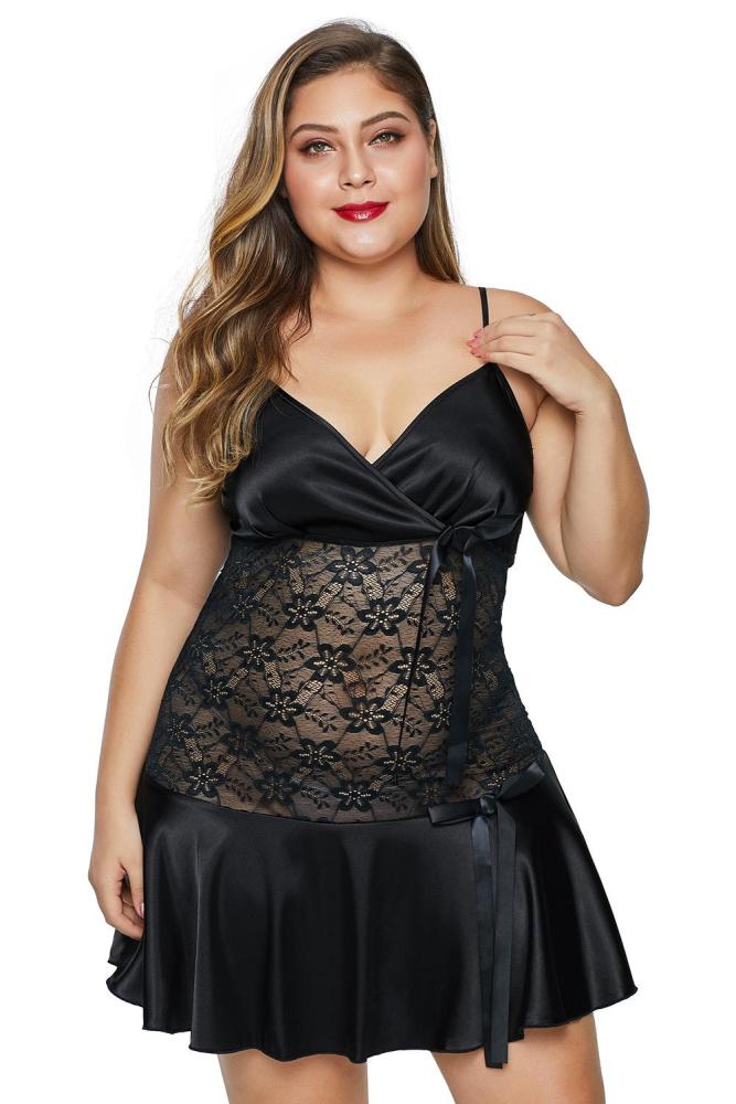 Black Wrapped V Neck Floral Lace Abdomen Plus Size Babydoll