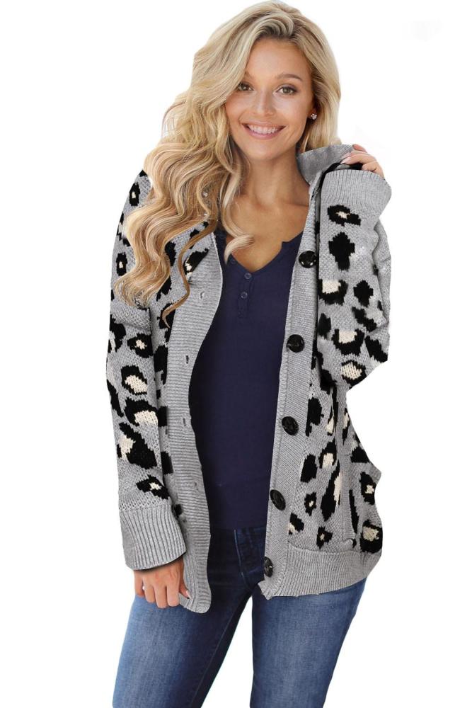 Gray Long Sleeve Button-up Hooded Leopard Print Cardigan