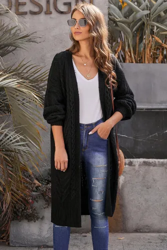 Black Long Front Open Cardigan