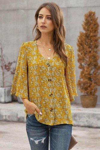 Mustard Sweet Osmanthus Print Button Down Blouse