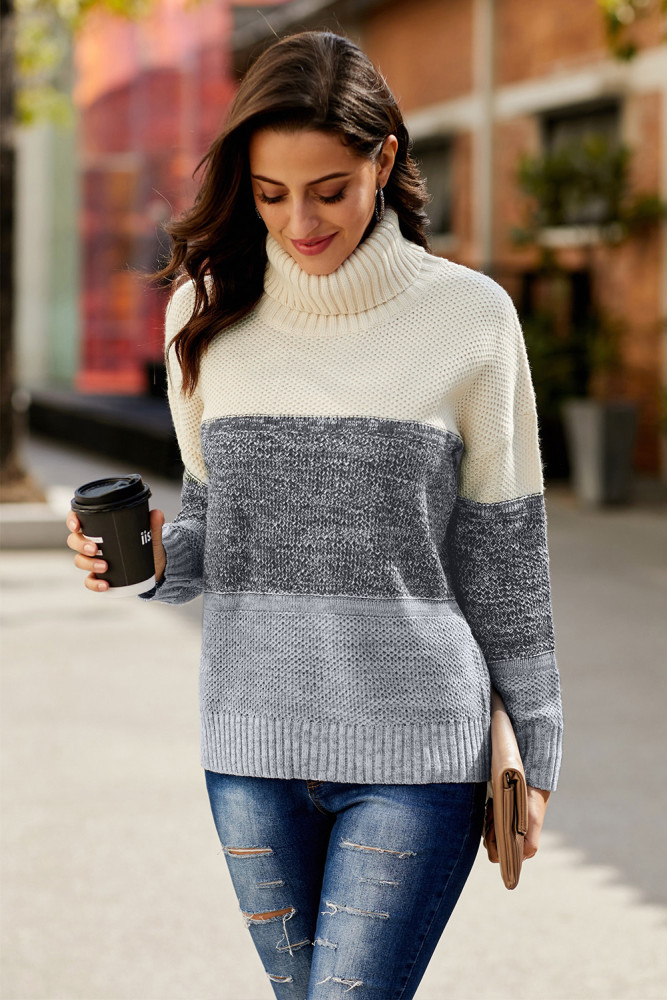 Gray Color Block Netted Texture Turtleneck Sweater