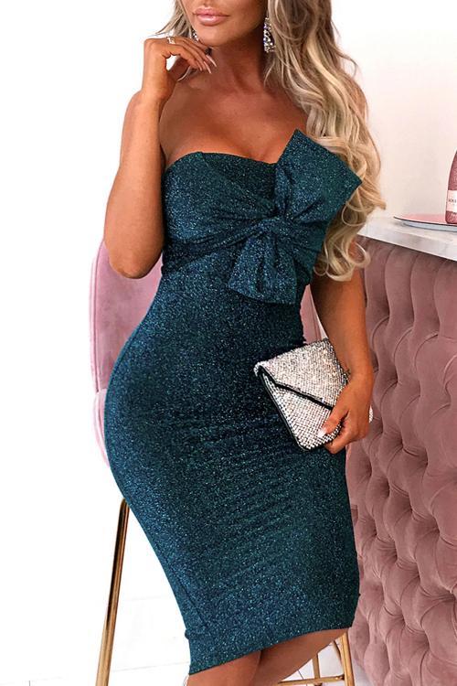 Blue Luxe Glam Knot Front Bandeau Midi Dress