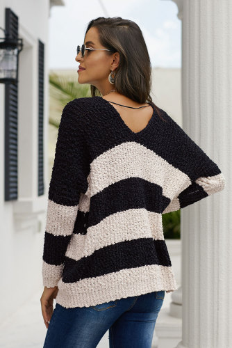 Black V Neck Loose Color Block Sweater