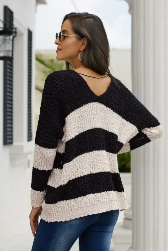 Black V Neck Loose Color Block Sweater