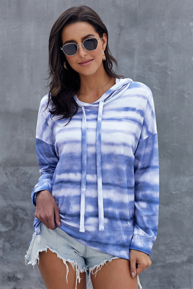 Sky Blue Tie Dye Long Sleeve Drawstring Hoodie