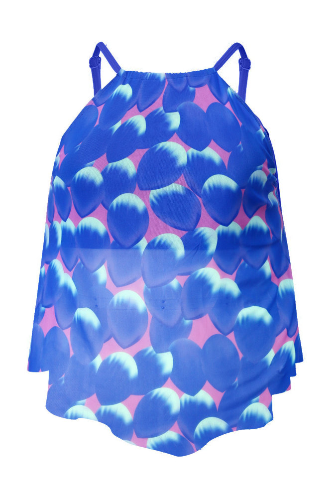 Blue Mesh Petal Print Top Tankini Swimsuit
