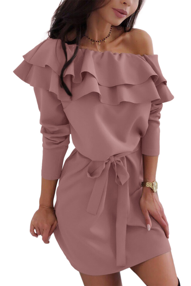 Pink Double Frill Off Shoulder Long Sleeve Dress