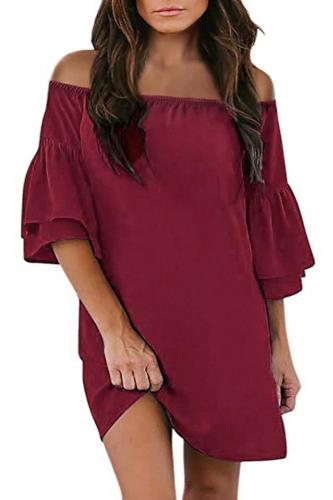 Red Off Shoulder Ruffled Sleeve Shift Dress