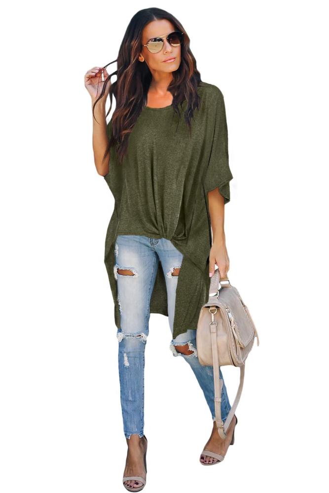 Green Twist Ruched Hi-low Hem Top