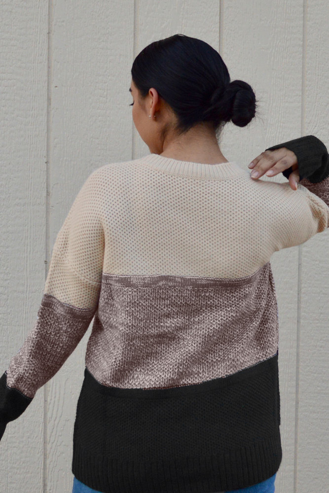 Black Color Block Netted Texture Pullover Sweater