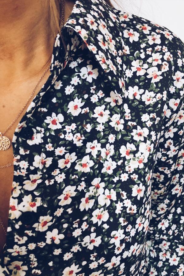 Black Floral Pattern Buttoned Shirt