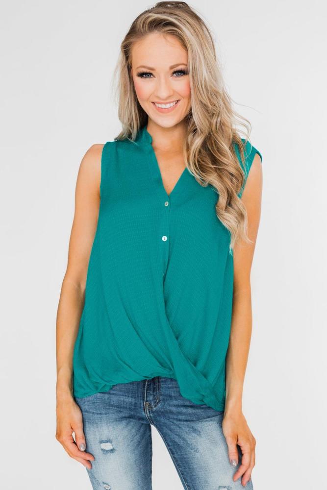 Green V-Neck Front Irregular Twist Hem Tank Top