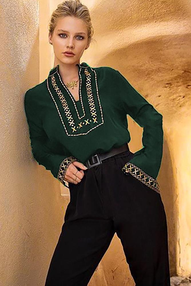 Green Boho Embroidered V Neck long Sleeve Casual Top