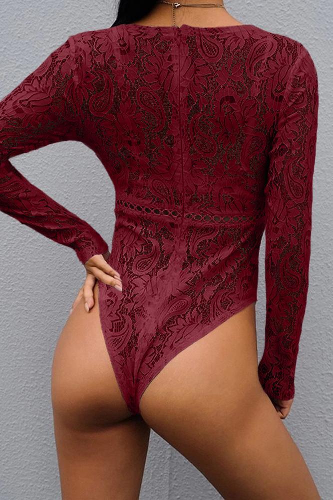 Red Deep V-Neck See Through Skinny Lace Bodysuit